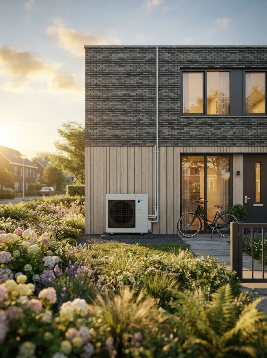 Moderne Nederlandse woning met warmtepomp-buitenunit