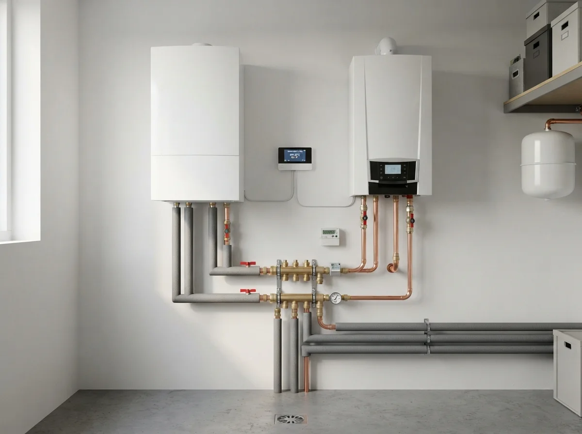 Binnenunit van een hybride warmtepomp naast de cv-ketel